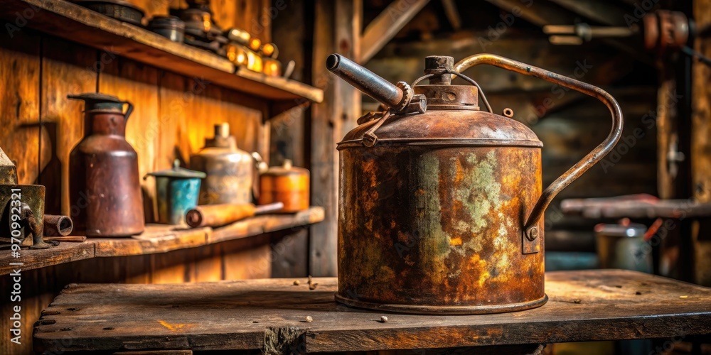 A rusty, old-fashioned metal gas can with a worn handle and spout, sitting on a weathered wooden shelf amidst tools and machinery in a dimly lit garage. A rusty, old-fashioned metal gas can with a worn handle and spout, sitting on a weathered wooden shelf amidst tools and machinery in a dimly lit garage.
