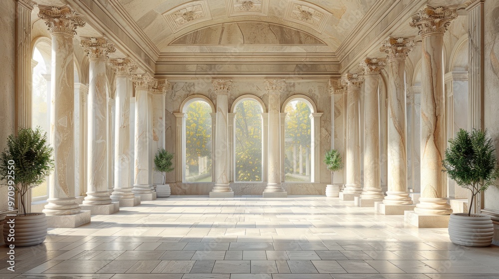 Fototapeta premium A serene and elegant hall featuring marble columns and natural light pouring through large arched windows. Generative AI