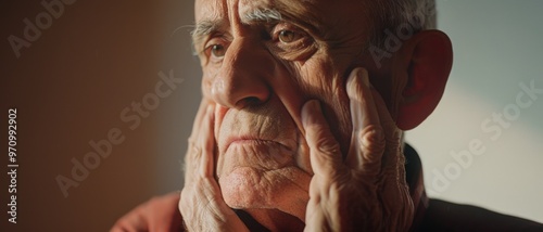 An elderly man, deep in thought, with wrinkled hands framing his face, gazing out contemplatively from shadows, evoking a sense of wisdom and reflection.