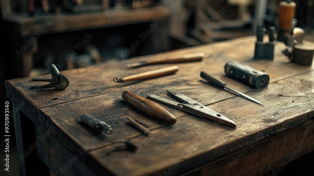 Workshop Tools on a Weathered Wooden Table Workshop Tools on a Weathered Wooden Table