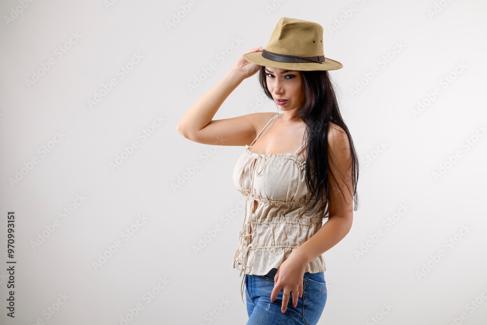 portrait of a beautiful brunette woman with a hat in different positions on a gray background portrait of a beautiful brunette woman with a hat in different positions on a gray background
