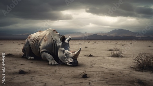 A poignant scene of a fallen rhino depicting species loss.