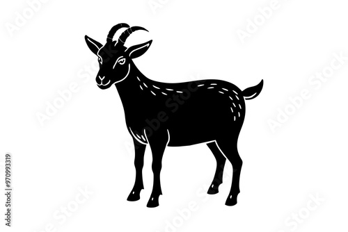 Hand drawn goat in a minimal linocut style. 4k silhouette black color vector art illustration