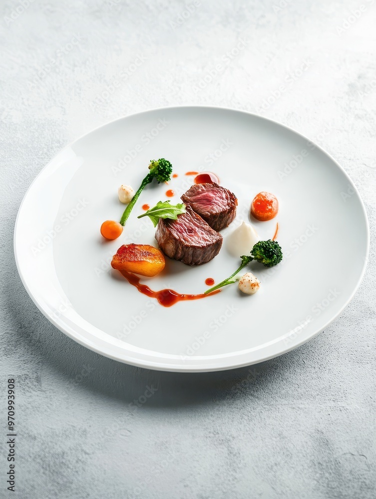 A gourmet dish featuring meat, vegetables, and sauces elegantly arranged on a white plate. A gourmet dish featuring meat, vegetables, and sauces elegantly arranged on a white plate.