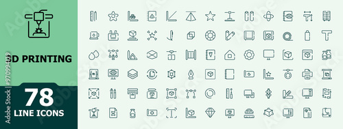 3D printing icon set. Related to 3D printer, modeling, filament, prototype and more. Minimal line vector icons collection.