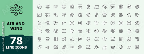 Air and Wind icon set. Minimal Vector line art illustrations. Ideal for weather, climate, and environmental icon collections.