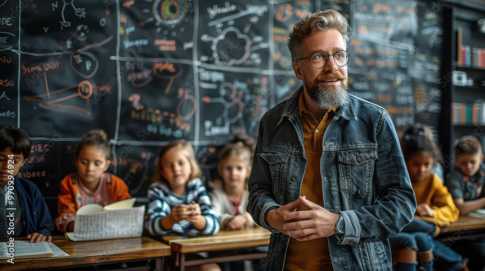 A teacher stands in front of a chalkboard with a group of students. The teacher is smiling and he is happy. The students are sitting at desks and appear to be engaged in the lesson A teacher stands in front of a chalkboard with a group of students. The teacher is smiling and he is happy. The students are sitting at desks and appear to be engaged in the lesson