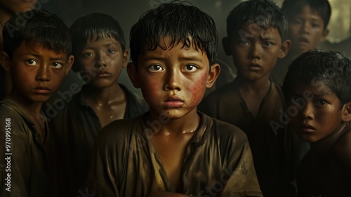 Child labor awareness: young asian children in humble attire photo