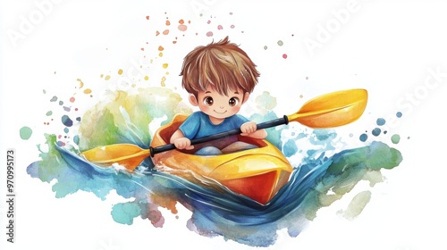 Cute cartoon charactor of a boy kayaking in water