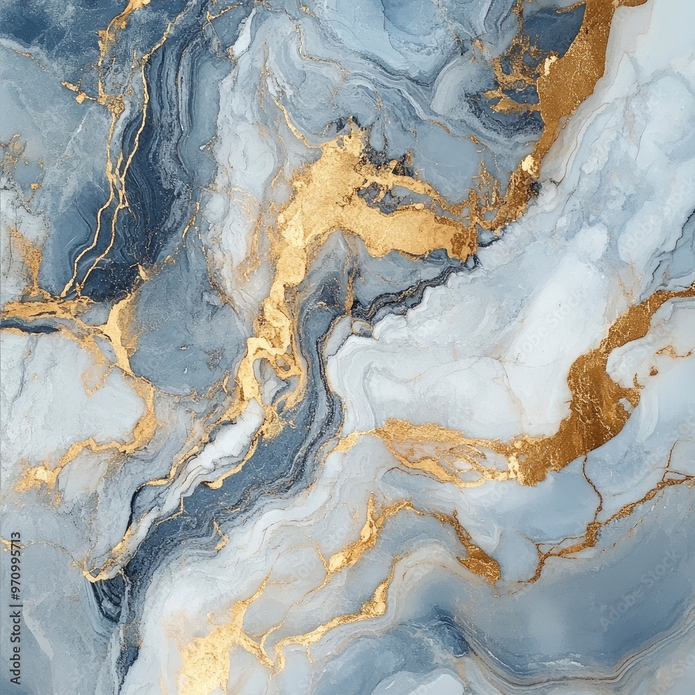 Obraz premium A blue and gold marble wall with a gold and blue swirl pattern