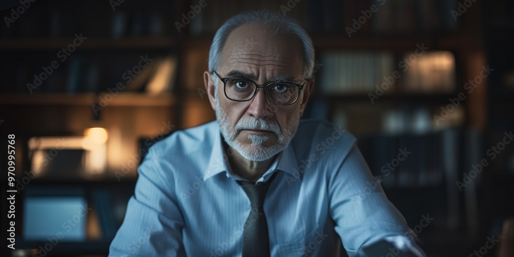 An elderly man gazes thoughtfully. He wears a blue shirt and glasses. The dimly lit room filled with books adds depth. This image evokes wisdom and reflection. AI An elderly man gazes thoughtfully. He wears a blue shirt and glasses. The dimly lit room filled with books adds depth. This image evokes wisdom and reflection. AI