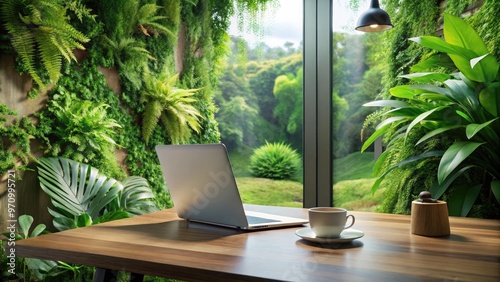 A serene, minimalist workspace with a closed laptop, surrounded by lush greenery, conveying a sense of digital detox and high-end, slow-paced living. photo