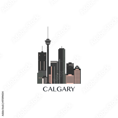 Calgary skyline vector badge, flat panorama logo, horizon icon. Canada city, Alberta province cityscape idea with landmark silhouette. Isolated graphic