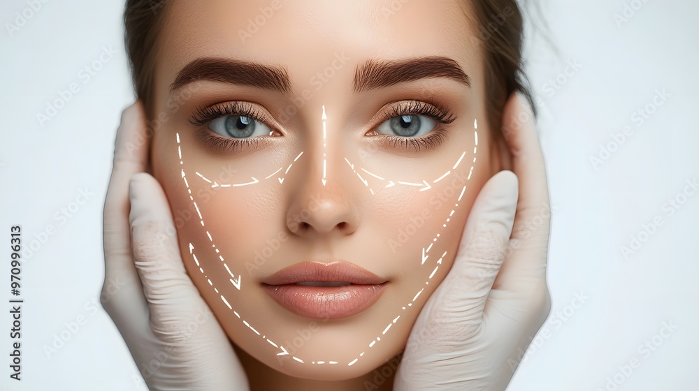 © Loki Stock - Close-up of a young woman's face with cosmetic surgery markings for facial contouring