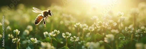 Honeybee Hovering Above a Sunlit Clover Field photo