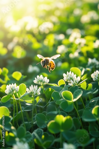 Honeybee Hovering Above a Sunlit Clover Field photo