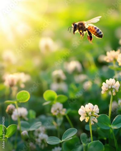 Honeybee Hovering Above a Sunlit Clover Field photo