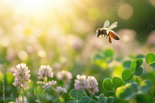 Honeybee Hovering Above a Sunlit Clover Field photo