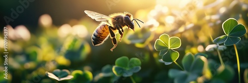 Honeybee Hovering Above a Sunlit Clover Field photo