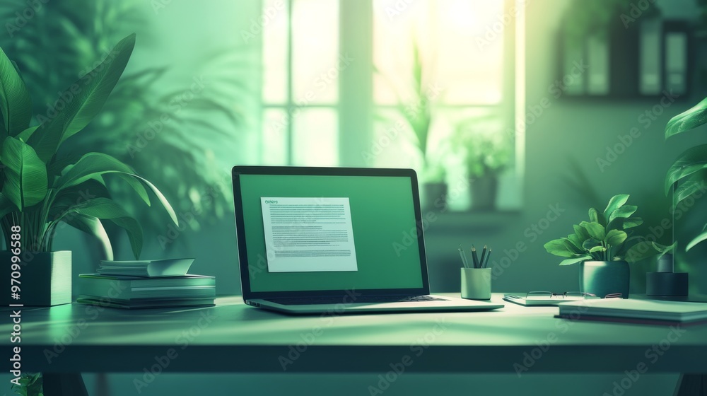 Cozy home Office Concept Showcasing Minimalist Style: A work Desk with computer, Documents, green plants and Well-Lit Interior. graphic Resources, Illustration, Cozy home Office Concept Showcasing Minimalist Style: A work Desk with computer, Documents, green plants and Well-Lit Interior. graphic Resources, Illustration,