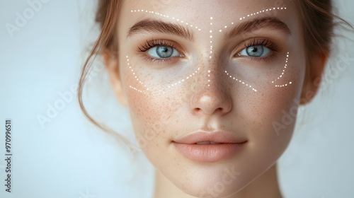 Minimalistic close-up of a woman's face with subtle cosmetic surgery markings for cheek contouring