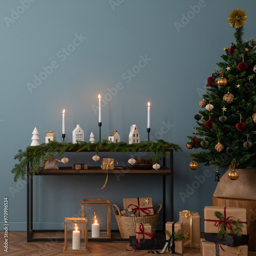 Minimalist composition of christmas interior with copy space, wooden console with sprace, christmas balls, candle with candlestick, christmas tree, gifts and personal accessories. Home decor. Template photo