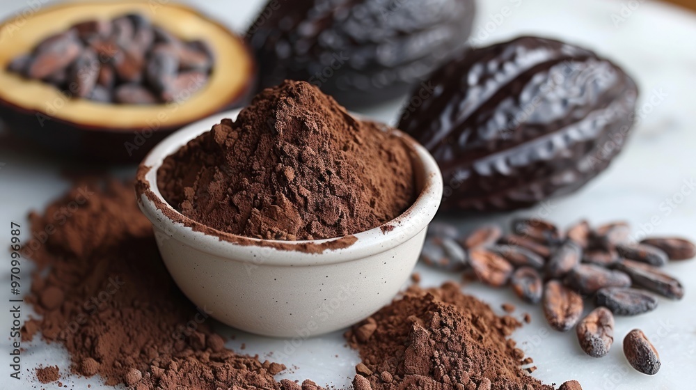 Exploring the rich textures of cocoa powder alongside raw cacao beans on a rustic marble surface. Generative AI Exploring the rich textures of cocoa powder alongside raw cacao beans on a rustic marble surface. Generative AI