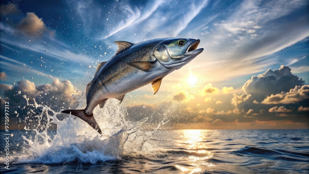 A silvery fish leaps high out of the ocean's surface, water droplets ...