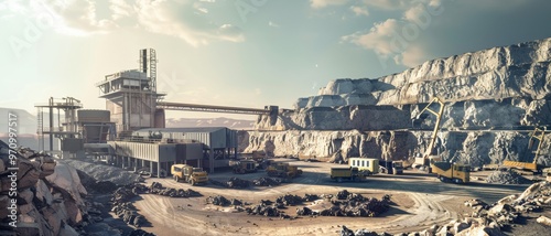 A busy and expansive quarry operation under clear skies, with trucks and machinery active on the site, carving out chunks of the landscape.