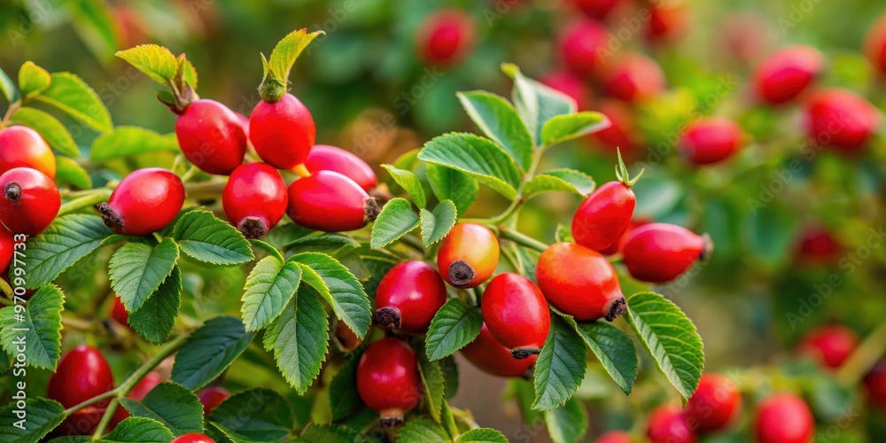 Lush bush of dog-rose with vibrant red fruits, dog-rose, bush, plant, nature, wild, thorny, green, leaves, berries, vibrant Lush bush of dog-rose with vibrant red fruits, dog-rose, bush, plant, nature, wild, thorny, green, leaves, berries, vibrant