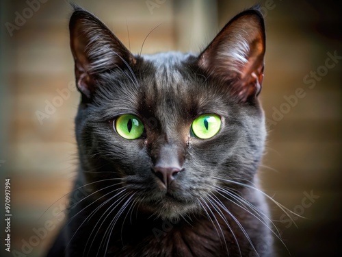 A sleek black cat with piercing green eyes and whiskers gazes directly at the camera, its shiny fur and delicate features illuminated in soft natural light.