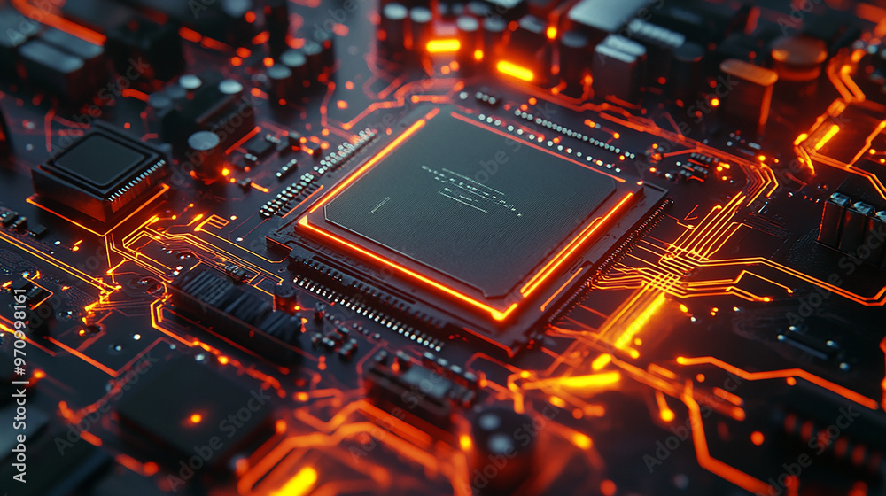 close up of computer chip on mainboard with high-tech neon light close up of computer chip on mainboard with high-tech neon light