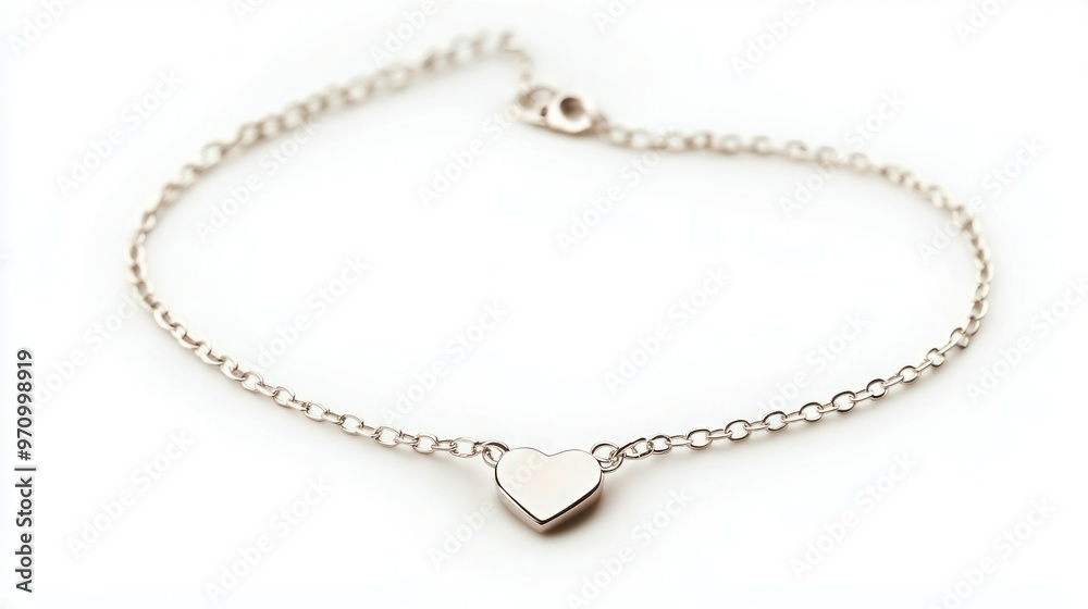 A thin silver chain bracelet with a small heart pendant, solid white background A thin silver chain bracelet with a small heart pendant, solid white background