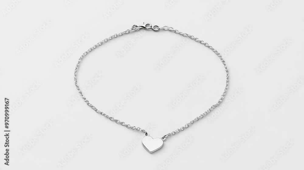 A thin silver chain bracelet with a small heart pendant, solid white background A thin silver chain bracelet with a small heart pendant, solid white background