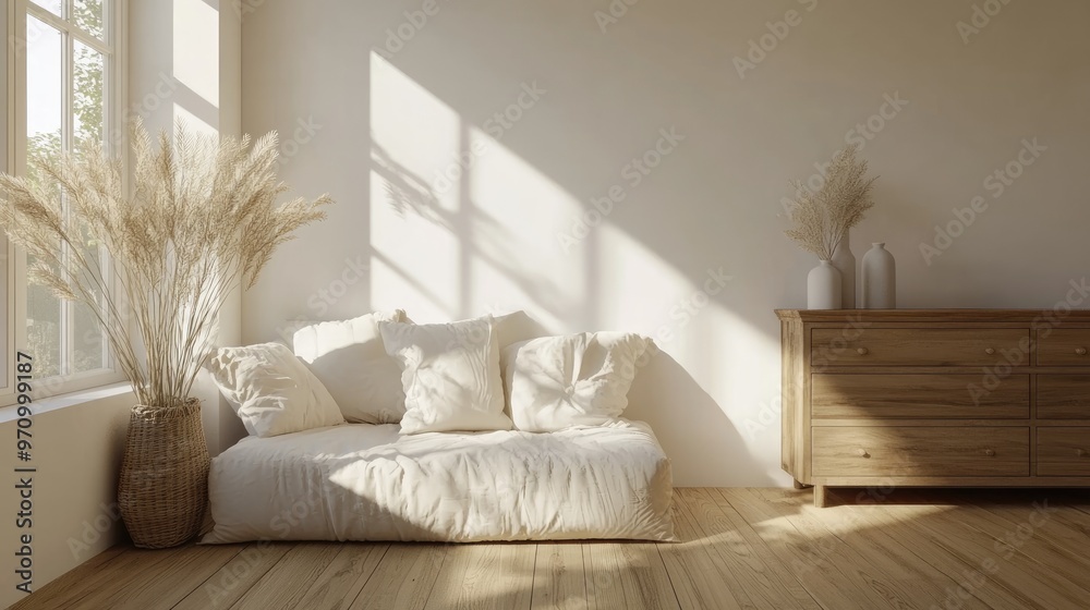 Minimalist living room design featuring a sofa and dresser on wooden flooring adorned with wall decor and a white landscape visible through the window Nordic style 3D illustration Minimalist living room design featuring a sofa and dresser on wooden flooring adorned with wall decor and a white landscape visible through the window Nordic style 3D illustration