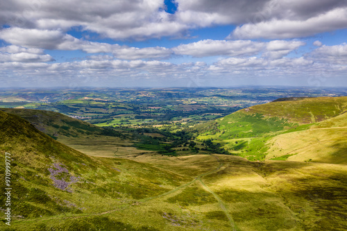 Rural countryside and green hills in Cwm Gwdi, Brecon Beacons, Wales photo