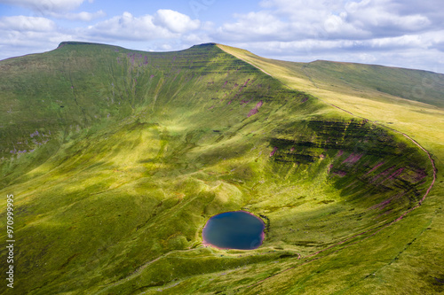 Aerial view of Pen-y-Fan, Corn Du and Cwm Llwch lake in the Brecon Beacons National Park, Wales photo