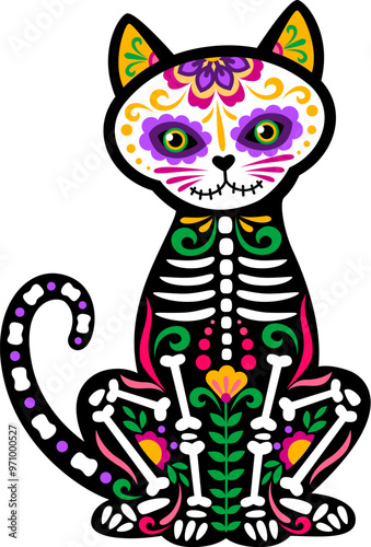 Day of the dead Mexican cat animal skeleton tattoo. Vector sugar skull kitten figure with skeleton bones and floral pattern, symbolizing celebration and Mexican culture for Muertos and Halloween event