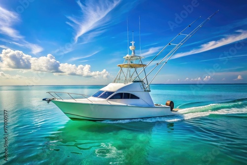 A sleek, white, open-cabin fishing vessel navigates through calm turquoise waters, its outriggers and rod holders gleaming in the bright sunlight, awaiting the day's catch. photo