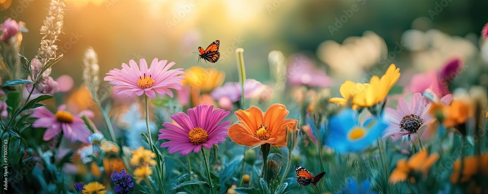 A garden full of blooming flowers, butterflies fluttering around, and bees buzzing between the blossoms A garden full of blooming flowers, butterflies fluttering around, and bees buzzing between the blossoms