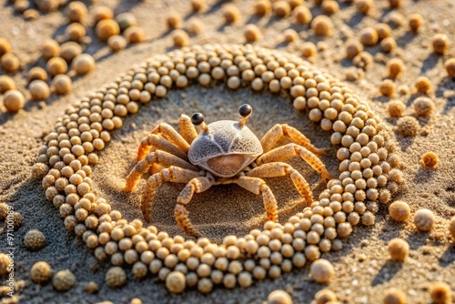 A small, spherical sand bubbler crab forms intricate patterns on the beach by digging holes and creating intricate networks of tunnels and bubbles. photo