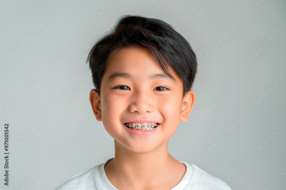 smiling asian kid with braces on plain light background smiling asian kid with braces on plain light background