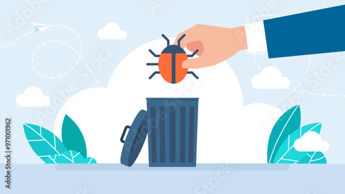 A hand throws a beetle into a trash can. Bug fixing Software As A Service. Software test for effective website development concept. Bug catching and error checking. Vector illustration