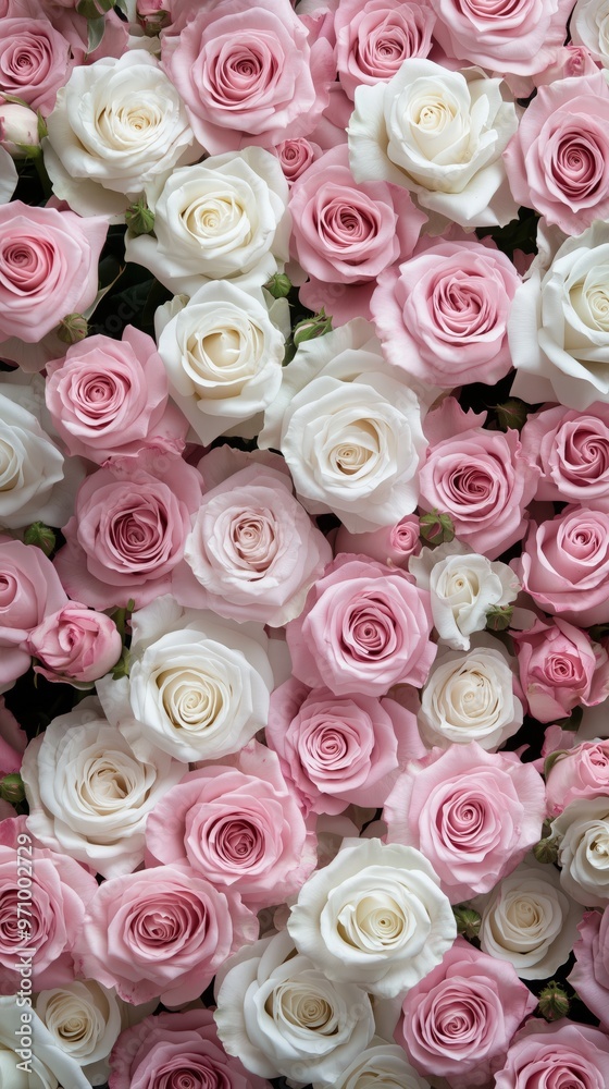 Elegant wall of pink and white roses for romantic decor and design Elegant wall of pink and white roses for romantic decor and design