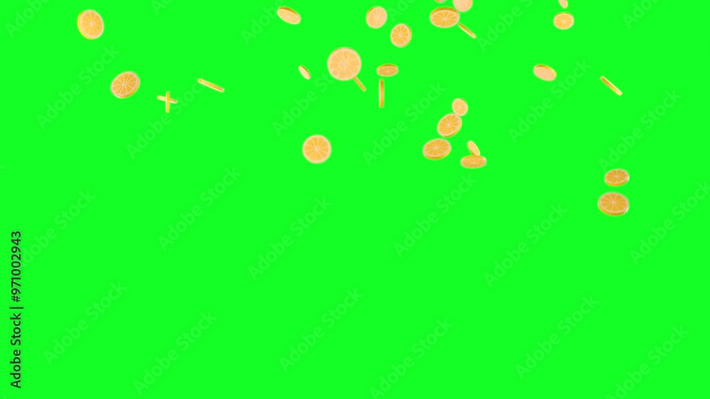 raining yellow lemon slices and green screen