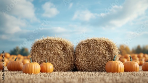 A scenic autumn landscape with hay bales and bright orange pumpkins against a clear blue sky, capturing the essence of fall. photo