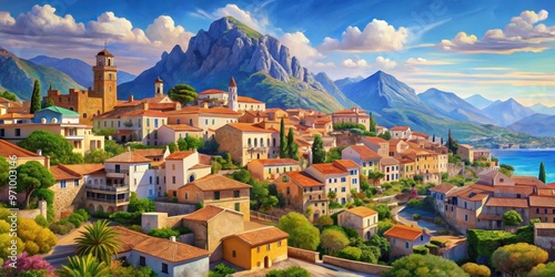 Oil painting of a small Mediterranean town with mountains in the background under sunny summer weather , Mediterranean, town