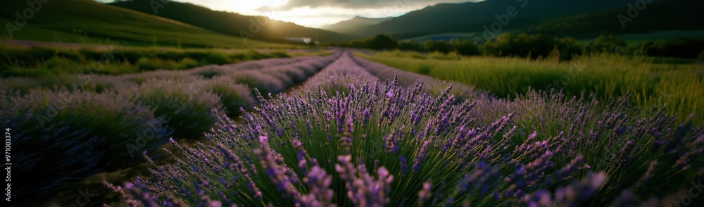 Endless lavender fields at sunset - nature's aromatic landscape for relaxation and serenity Endless lavender fields at sunset - nature's aromatic landscape for relaxation and serenity