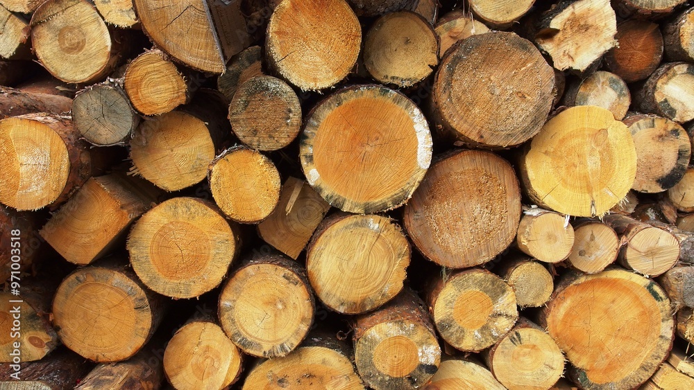 a stack of cut logs. The logs are arranged with their circular ends facing outward, displaying a variety of sizes. The wood appears to be freshly cut, with visible growth rings and a range of brown a stack of cut logs. The logs are arranged with their circular ends facing outward, displaying a variety of sizes. The wood appears to be freshly cut, with visible growth rings and a range of brown