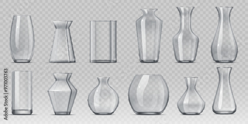 Realistic glass flower vases, 3d vector transparent bowls and containers for floral arrangements and interior decoration. Cylindrical, conical and spherical glass vases mockups with light reflection